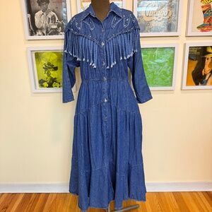 💙 Vintage 90s Western Bedazzled Denim Fringe Dress 💙